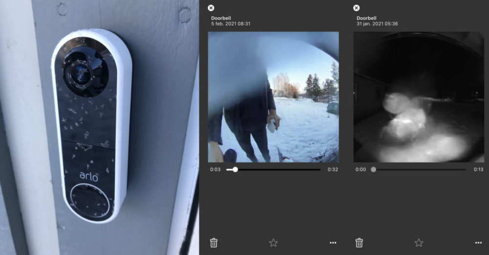 foto: senses.se - Arlo Essential - Video Doorbell Wire-free - monterad på dörr - nedisad lins.