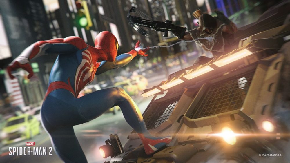 Foto: ©2023 – Insomniac Games - Marvel's Spider-man 2 - Stopping a car.