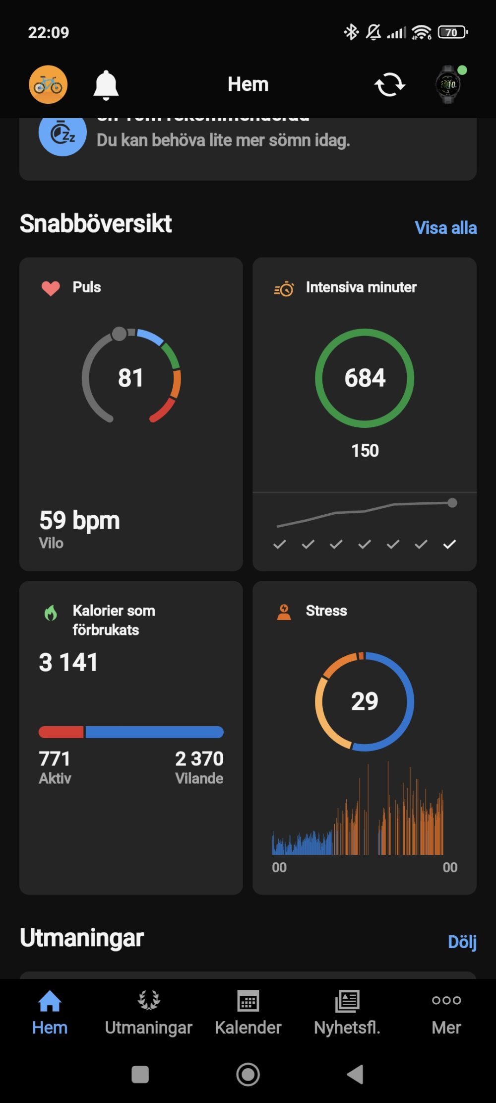 Garmin Connect håller koll och ger dig råd för både sömn, beräknad återstående energi och träning. (Foto: Garmin Connect)
