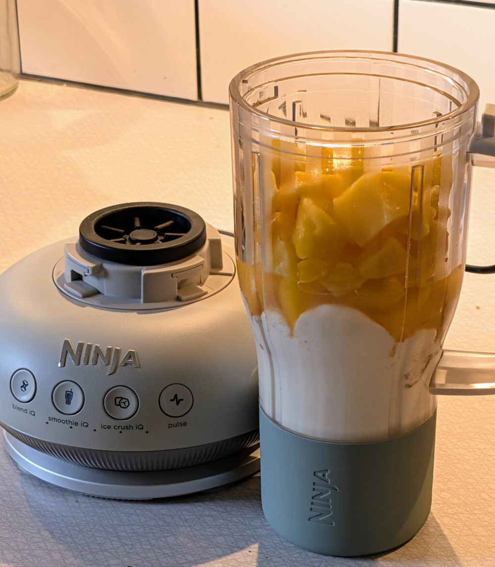 Smoothie with frozen mango, a playground for Ninja BlendBOSS